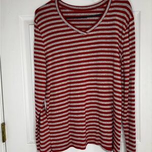 Red and Gray Striped V-Neck Top